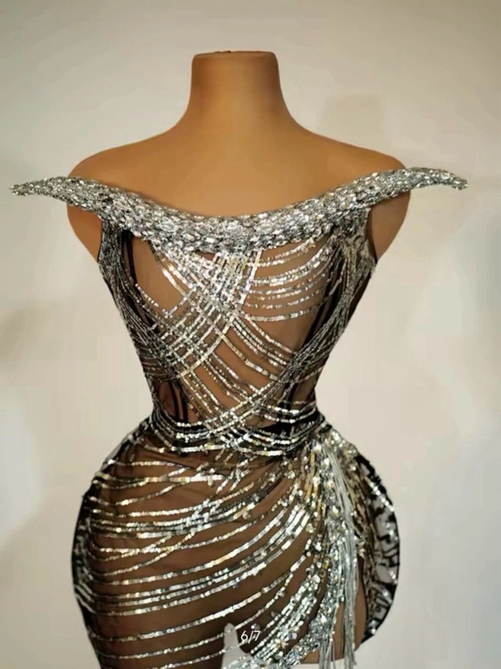 Silver Sequin Off-Shoulder Evening Dress